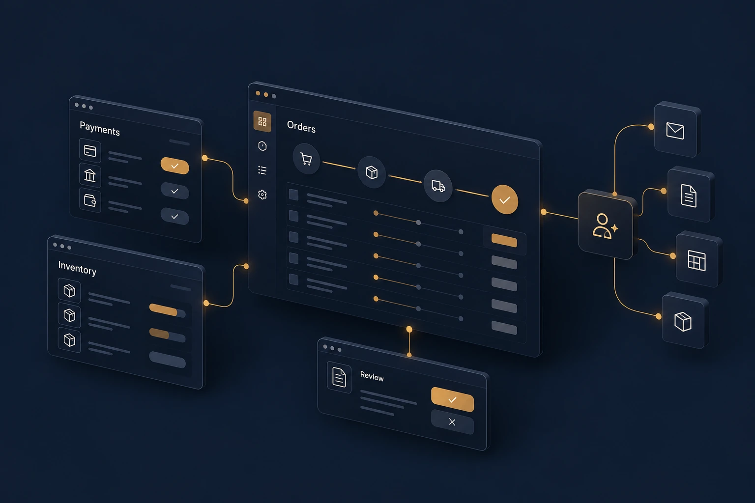 Concept illustration of connected order, payment, inventory, and review workflows