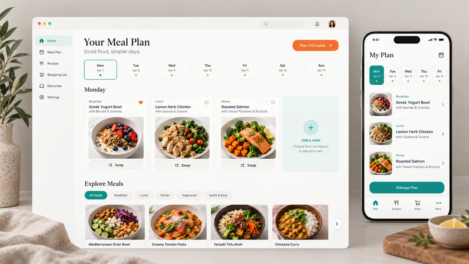 Illustrative meal subscription dashboard with a weekly plan and meal selection